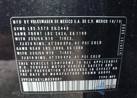 2020 Volkswagen Tiguan 2.0T Se/2.0T Se R-Line Black/2.0T Sel из США, поврежденный, VIN 3VV2B7AX1LM039691